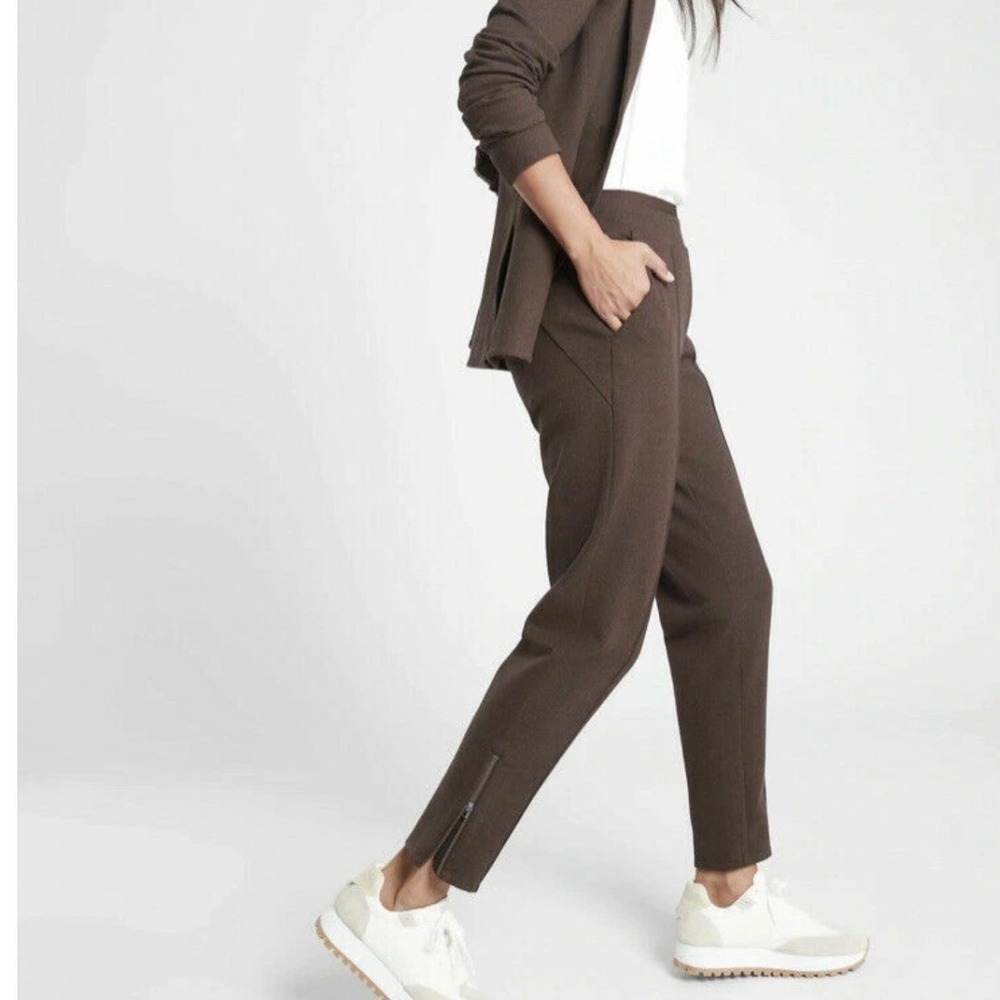 Athleta Venice Heathered Pintuck Pant Brown High Rise Tapered Ankle Zip Large‎